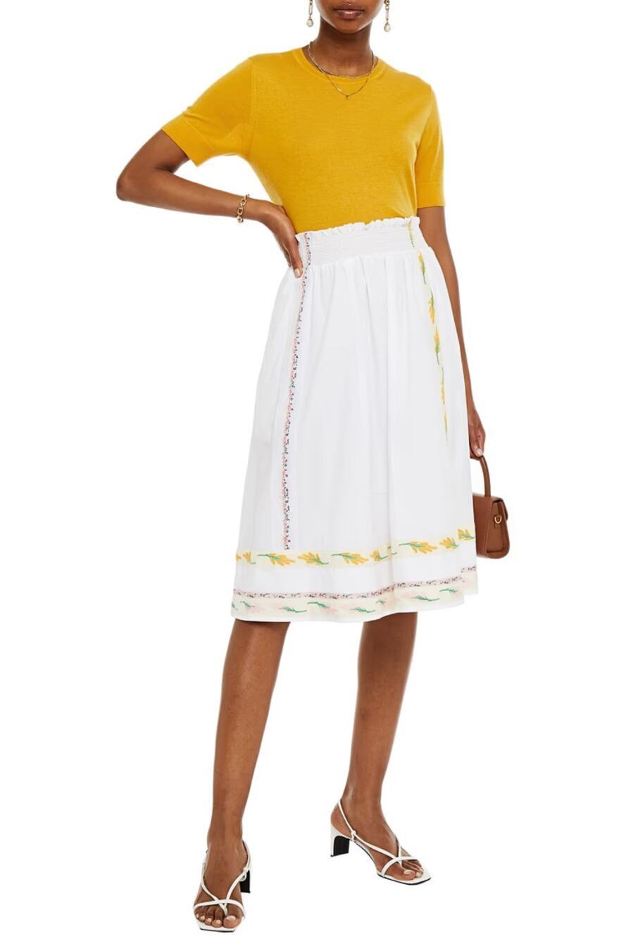 Tory Burch Ribbon Embellished Smocked A-Line Midi Skirt White Women's Size 4
